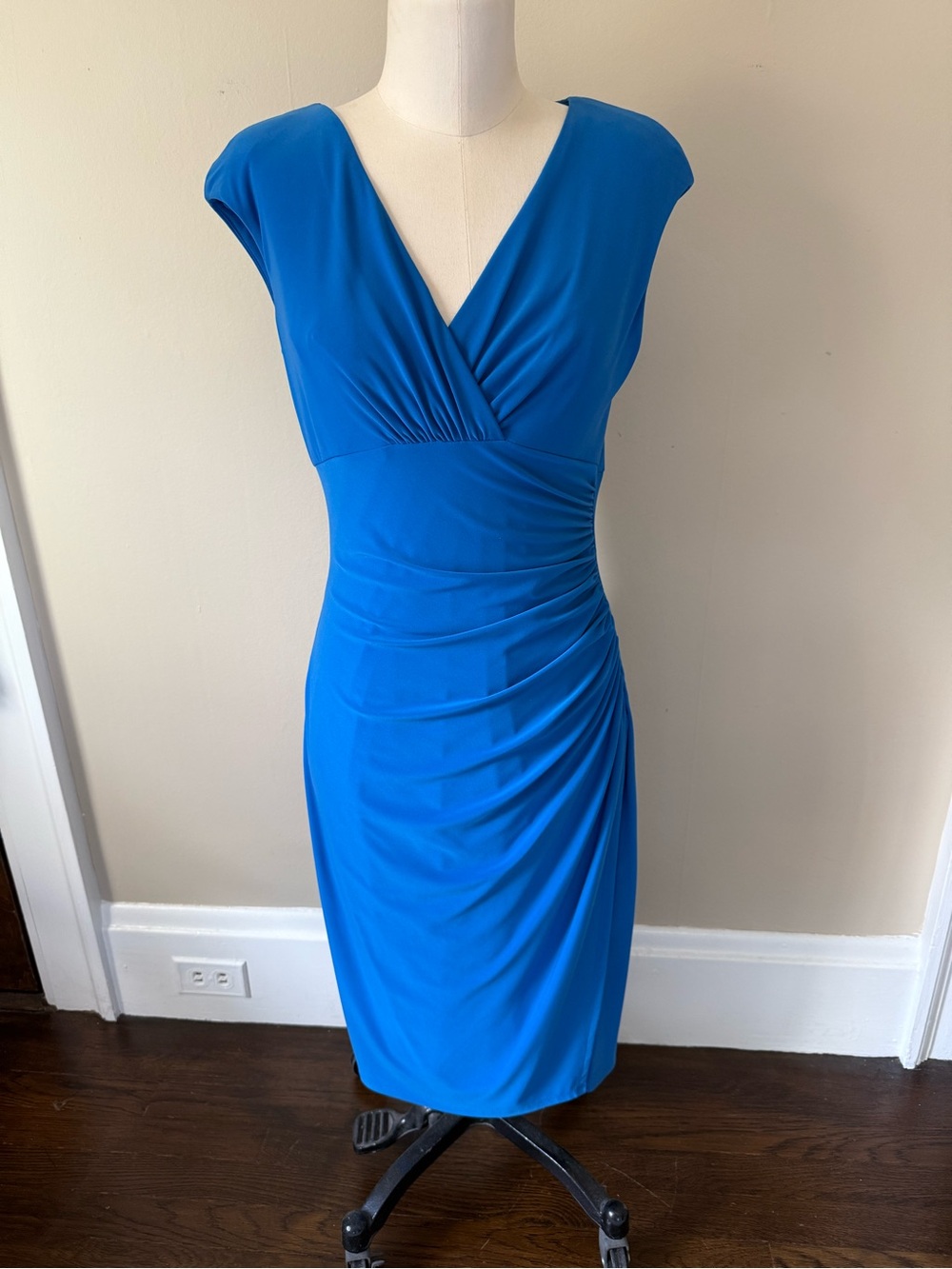 Lauren Ralph Lauren Bright Blue Cap-Sleeve Surplice Ruched Midi Dress